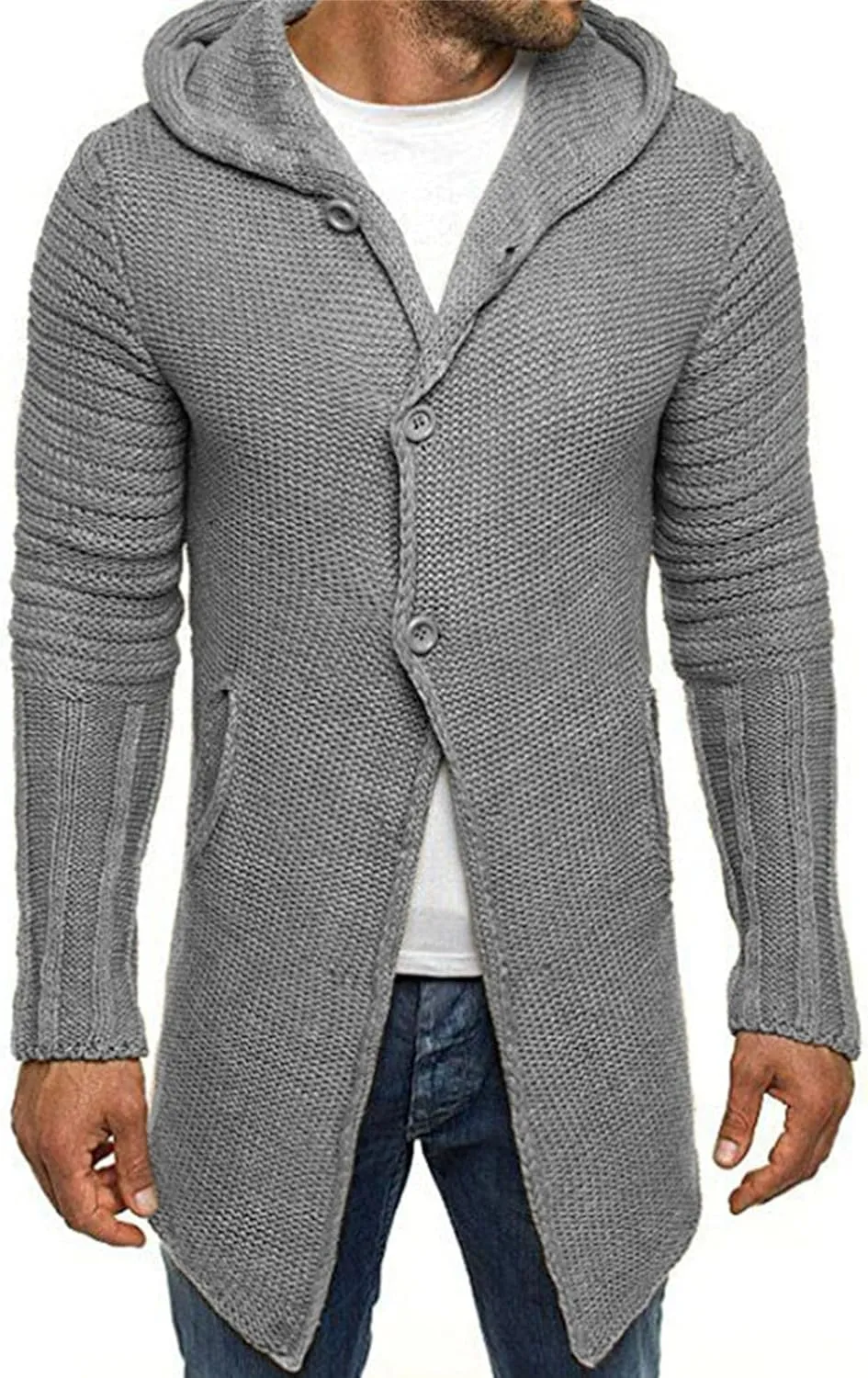 JEShifangjiusu Mens Long Sleeve Cardigan Hooded Sweaters Button Down Cable Knitted Sweater Slim Fit Fashion Coat With Pockets