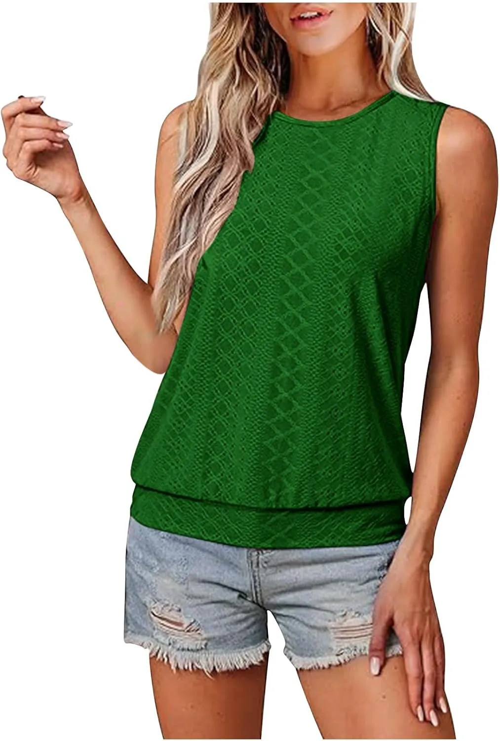 JOAU Womens Tank Tops Loose Casual Round Neck Sleeveless Summer Shirts Eyelet Embroidery Blouse Trendy Vacation Clothes 2025