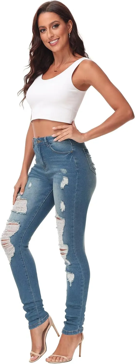 KDF Women's High Waisted Jeans for Women Distressed Ripped Jeans Slim Fit Butt Lifting Skinny Stretch Jeans Denim Pants