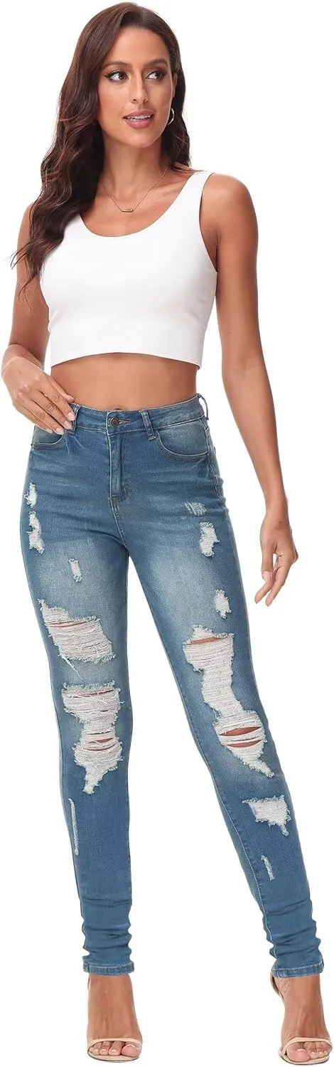 KDF Women's High Waisted Jeans for Women Distressed Ripped Jeans Slim Fit Butt Lifting Skinny Stretch Jeans Denim Pants