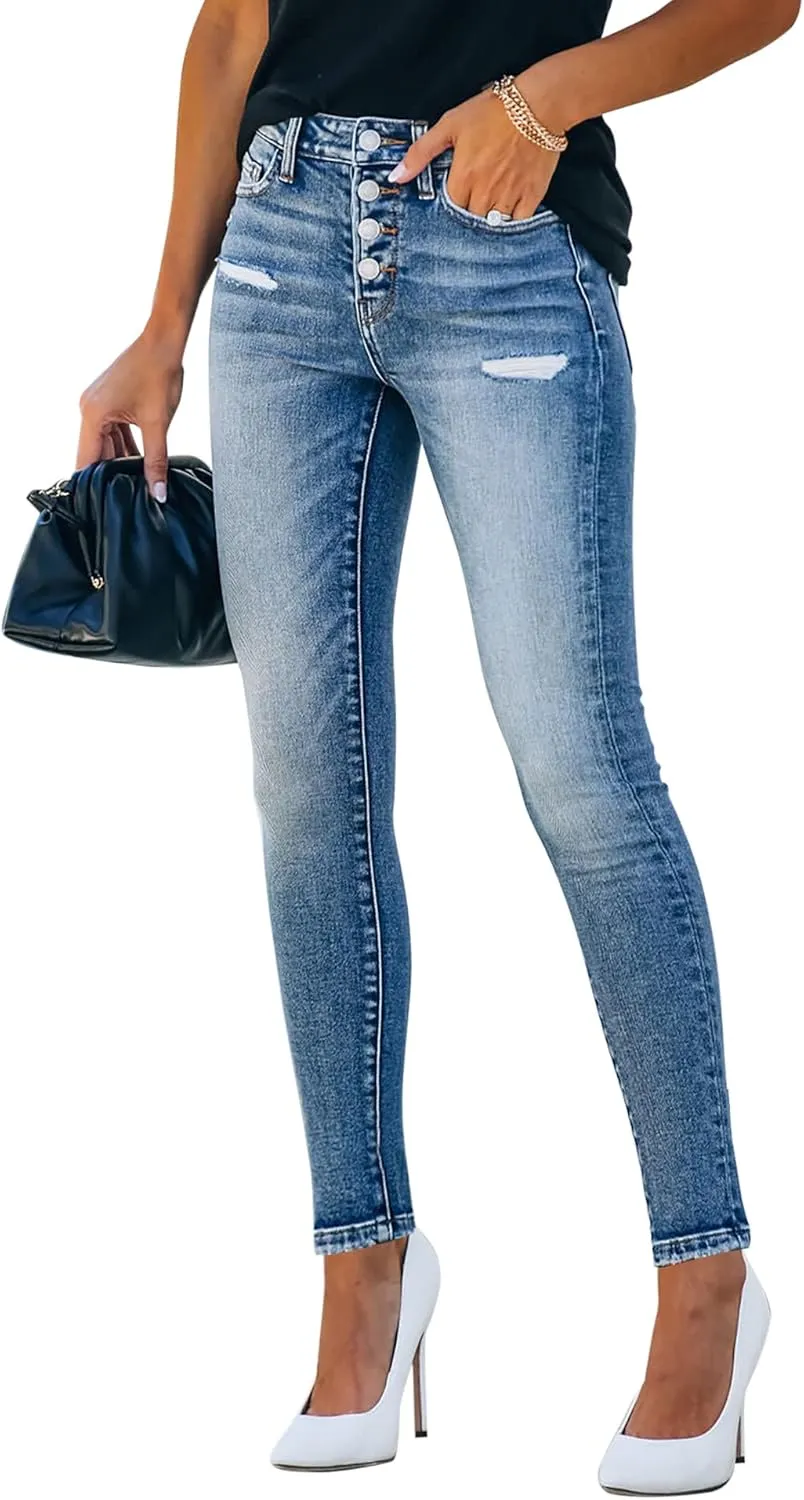 KDF Women's High Waisted Jeans for Women Distressed Ripped Jeans Slim Fit Butt Lifting Skinny Stretch Jeans Denim Pants