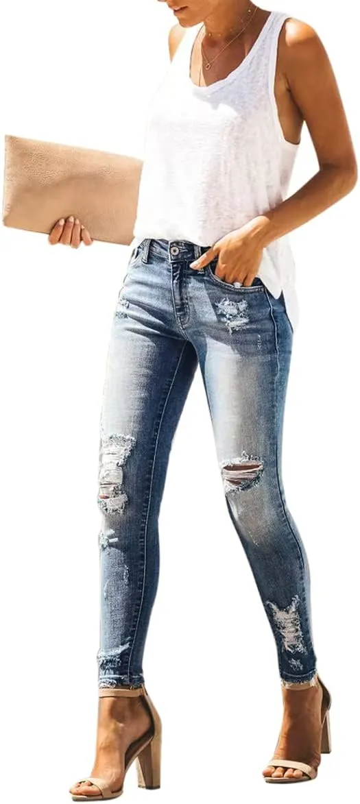 KDF Women's High Waisted Jeans for Women Distressed Ripped Jeans Slim Fit Butt Lifting Skinny Stretch Jeans Denim Pants