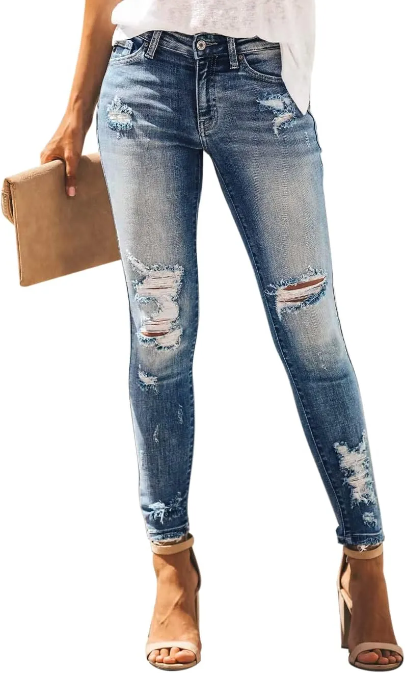 KDF Women's High Waisted Jeans for Women Distressed Ripped Jeans Slim Fit Butt Lifting Skinny Stretch Jeans Denim Pants
