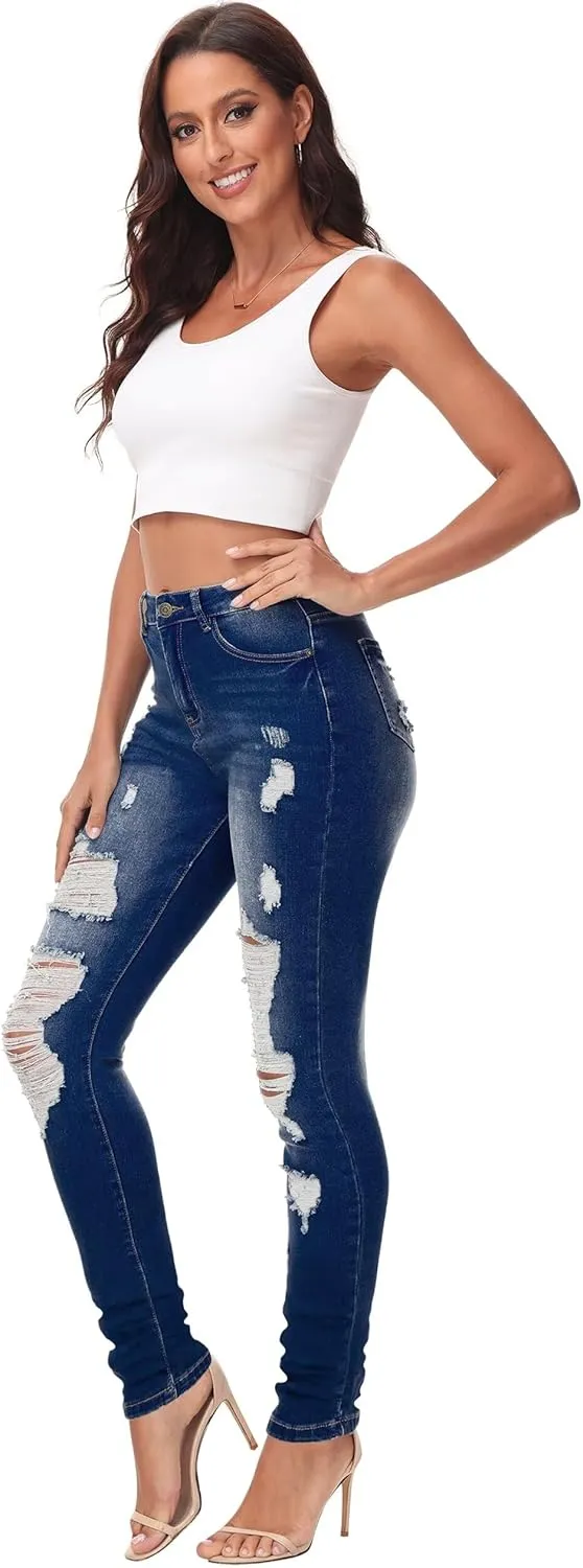 KDF Women's High Waisted Jeans for Women Distressed Ripped Jeans Slim Fit Butt Lifting Skinny Stretch Jeans Denim Pants