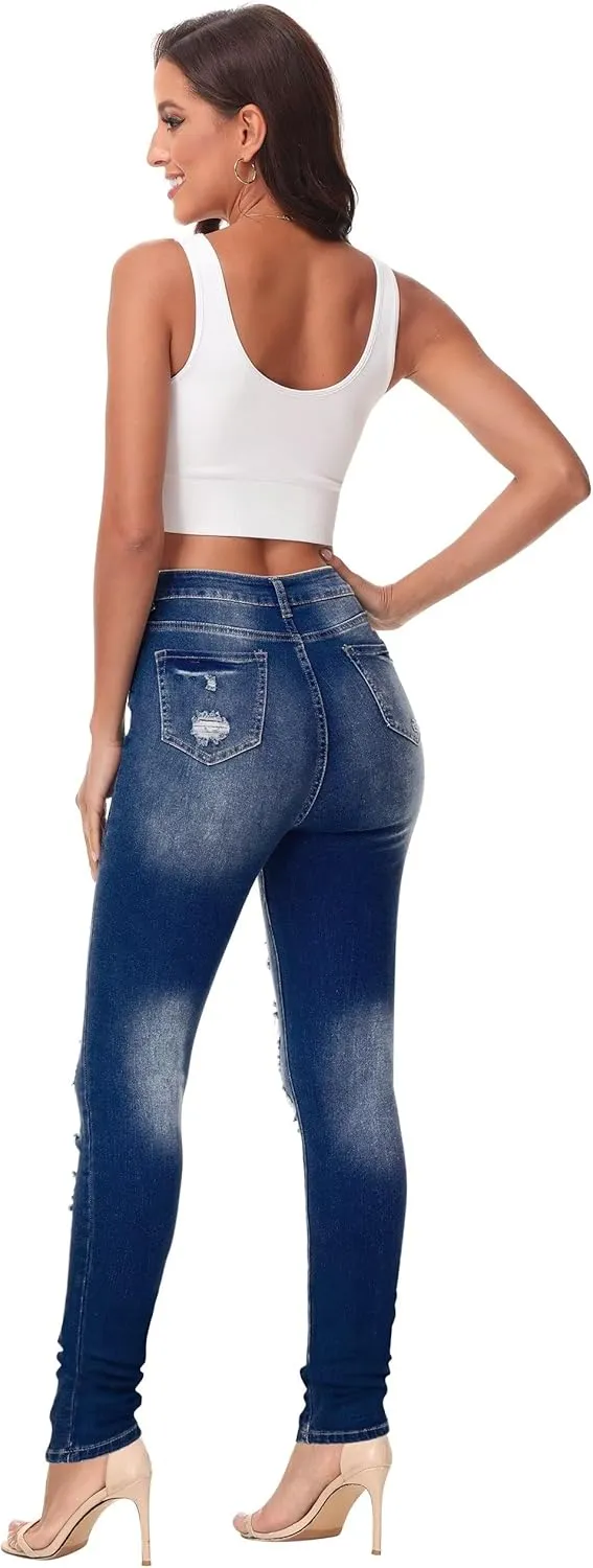 KDF Women's High Waisted Jeans for Women Distressed Ripped Jeans Slim Fit Butt Lifting Skinny Stretch Jeans Denim Pants