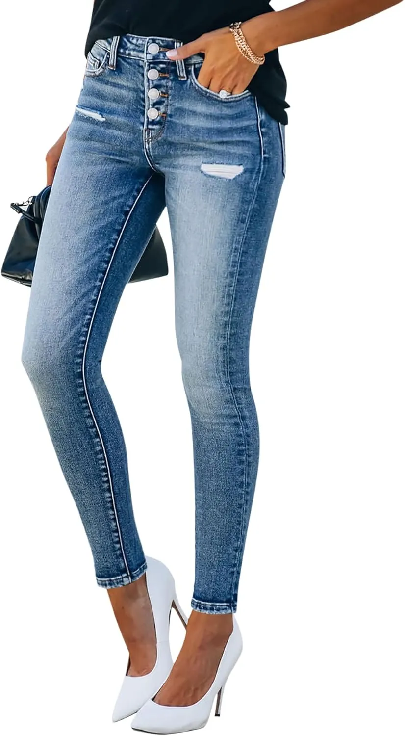 KDF Women's High Waisted Jeans for Women Distressed Ripped Jeans Slim Fit Butt Lifting Skinny Stretch Jeans Denim Pants
