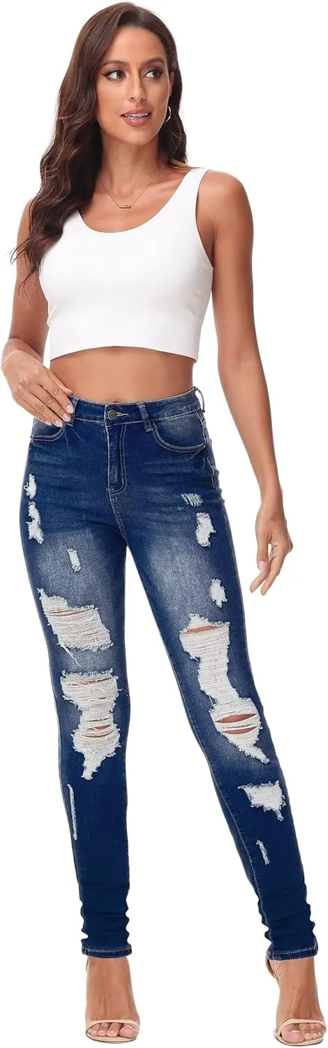 KDF Women's High Waisted Jeans for Women Distressed Ripped Jeans Slim Fit Butt Lifting Skinny Stretch Jeans Denim Pants