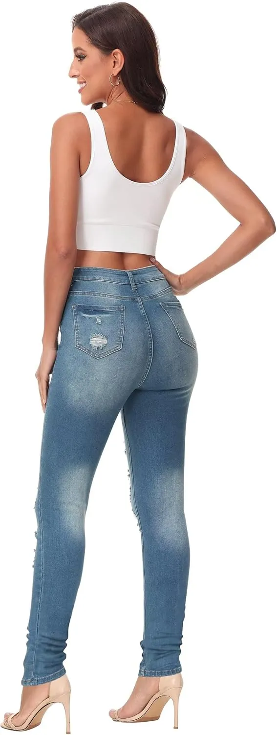 KDF Women's High Waisted Jeans for Women Distressed Ripped Jeans Slim Fit Butt Lifting Skinny Stretch Jeans Denim Pants