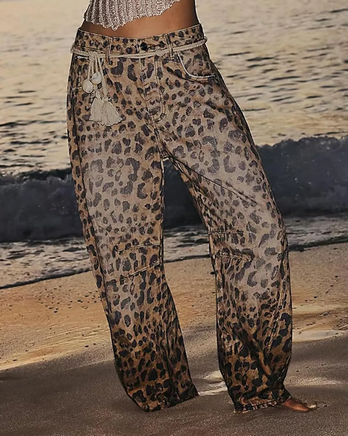 Kedera Women's Baggy Barrel Jeans Casual Boyfriend Mid Rise Leopard Printed Wide Leg Denim Ankle Pants