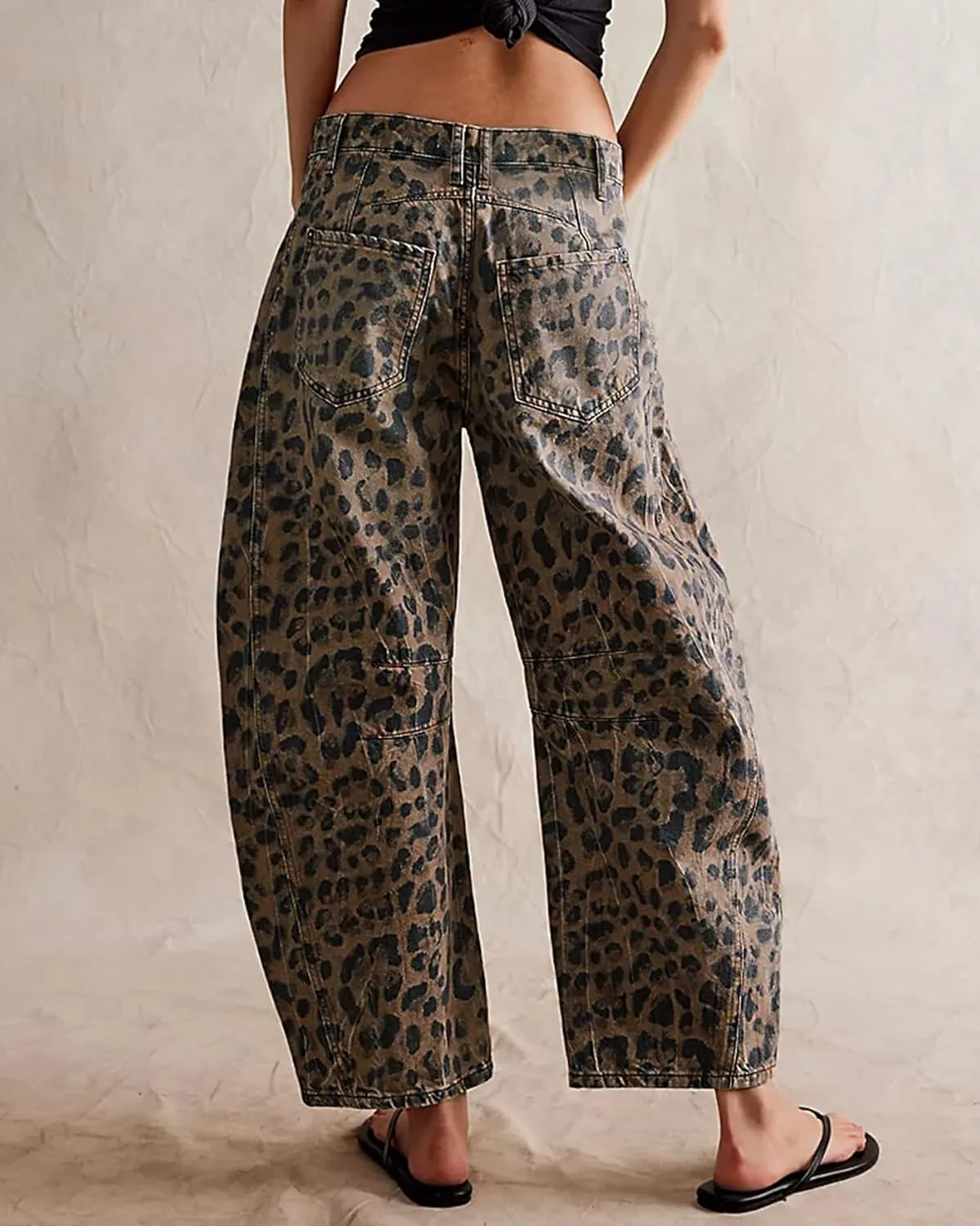 Kedera Women's Baggy Barrel Jeans Casual Boyfriend Mid Rise Leopard Printed Wide Leg Denim Ankle Pants