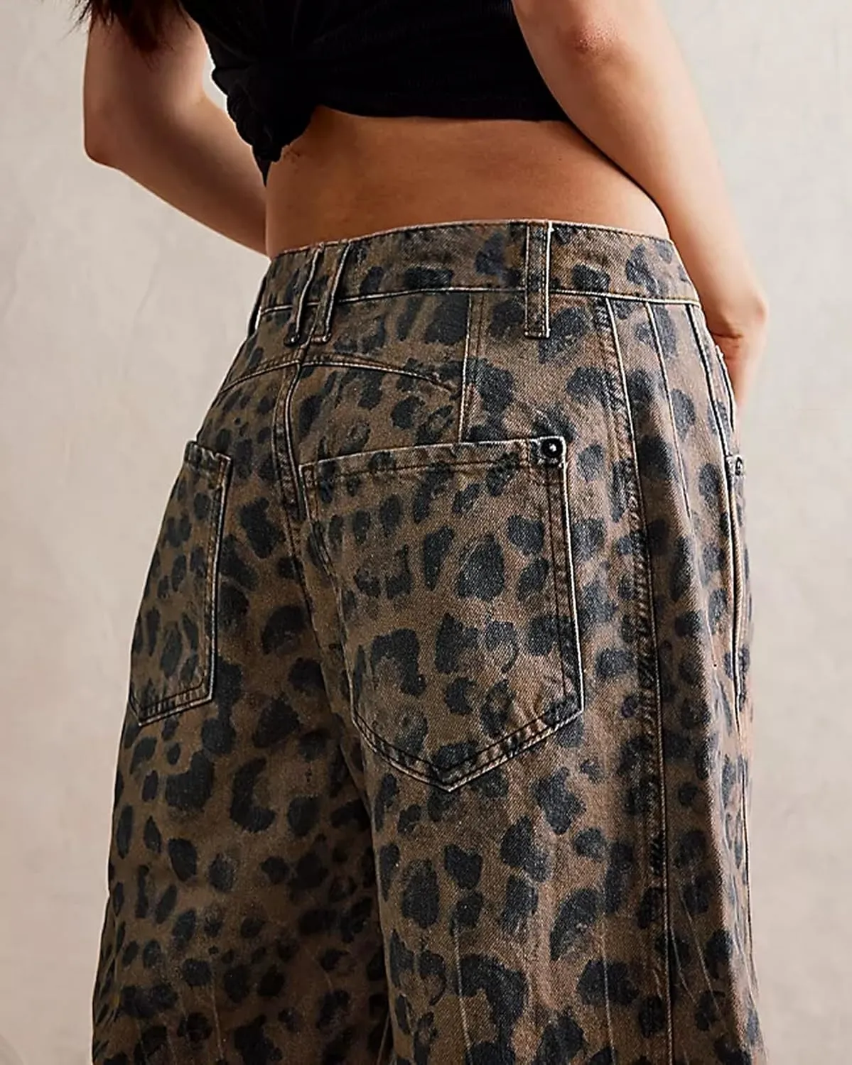 Kedera Women's Baggy Barrel Jeans Casual Boyfriend Mid Rise Leopard Printed Wide Leg Denim Ankle Pants