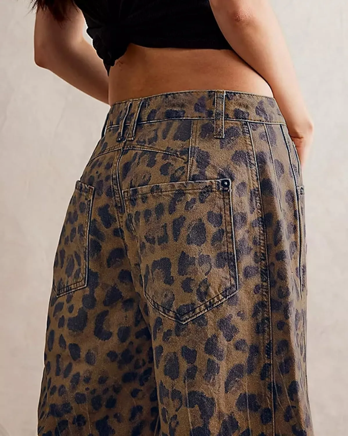 Kedera Women's Baggy Barrel Jeans Casual Boyfriend Mid Rise Leopard Printed Wide Leg Denim Ankle Pants