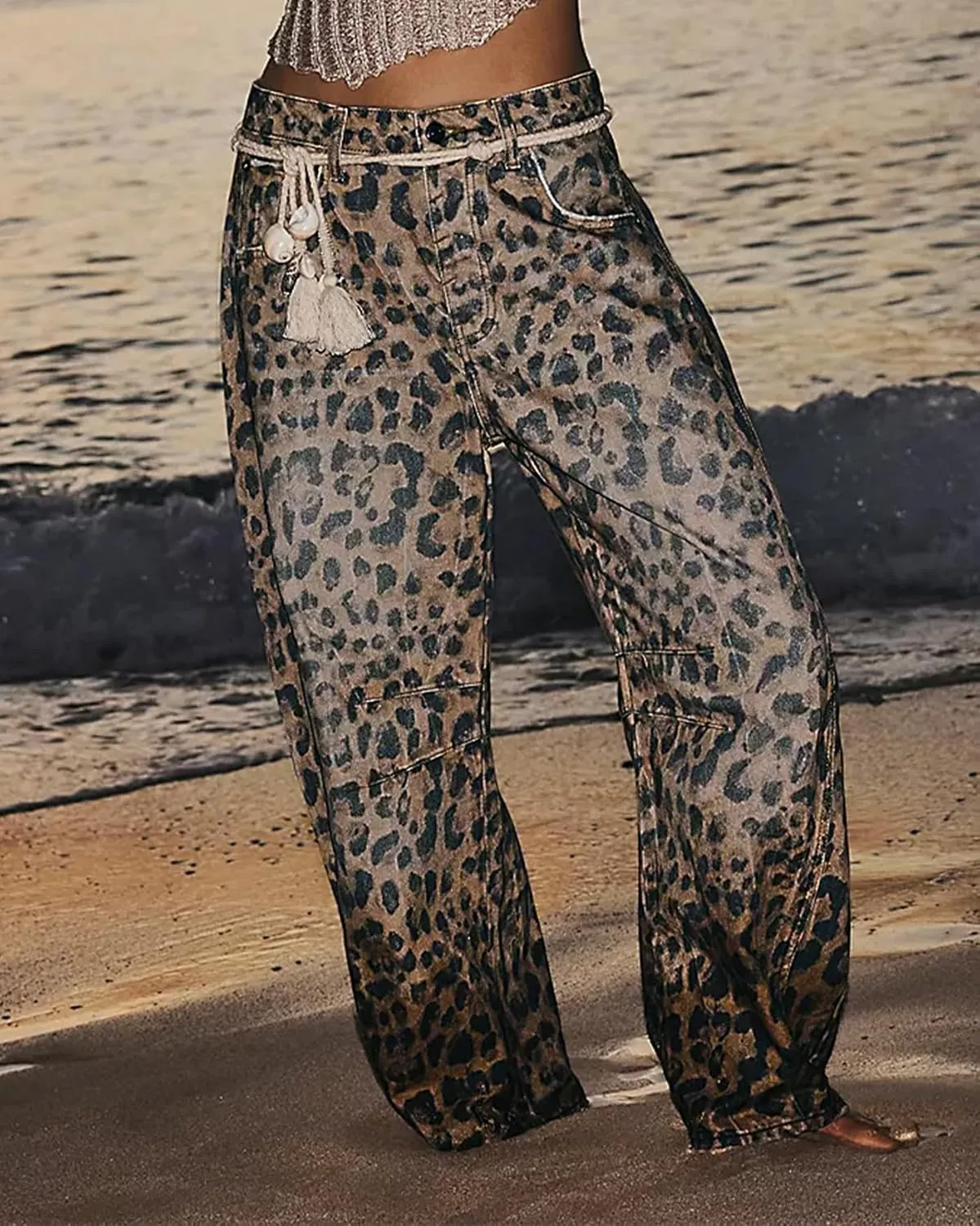 Kedera Women's Baggy Barrel Jeans Casual Boyfriend Mid Rise Leopard Printed Wide Leg Denim Ankle Pants
