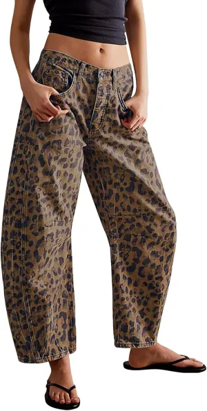 Kedera Women's Baggy Barrel Jeans Casual Boyfriend Mid Rise Leopard Printed Wide Leg Denim Ankle Pants