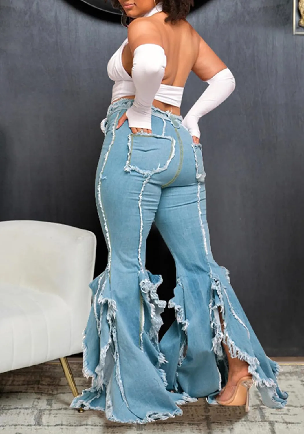 LAJIOJIO Bell Bottom Jeans for Women Distressed Ripped Y2K High Waisted Frayed Slit Tassel Hem Flared Denim Pants