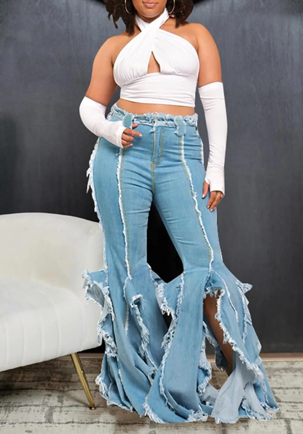 LAJIOJIO Bell Bottom Jeans for Women Distressed Ripped Y2K High Waisted Frayed Slit Tassel Hem Flared Denim Pants