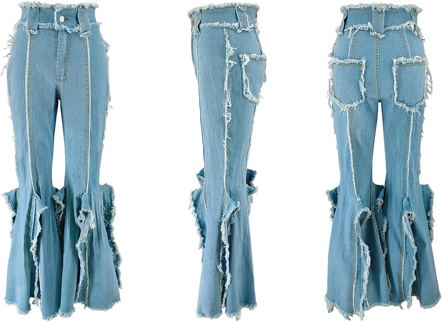 LAJIOJIO Bell Bottom Jeans for Women Distressed Ripped Y2K High Waisted Frayed Slit Tassel Hem Flared Denim Pants