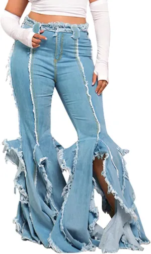 LAJIOJIO Bell Bottom Jeans for Women Distressed Ripped Y2K High Waisted Frayed Slit Tassel Hem Flared Denim Pants