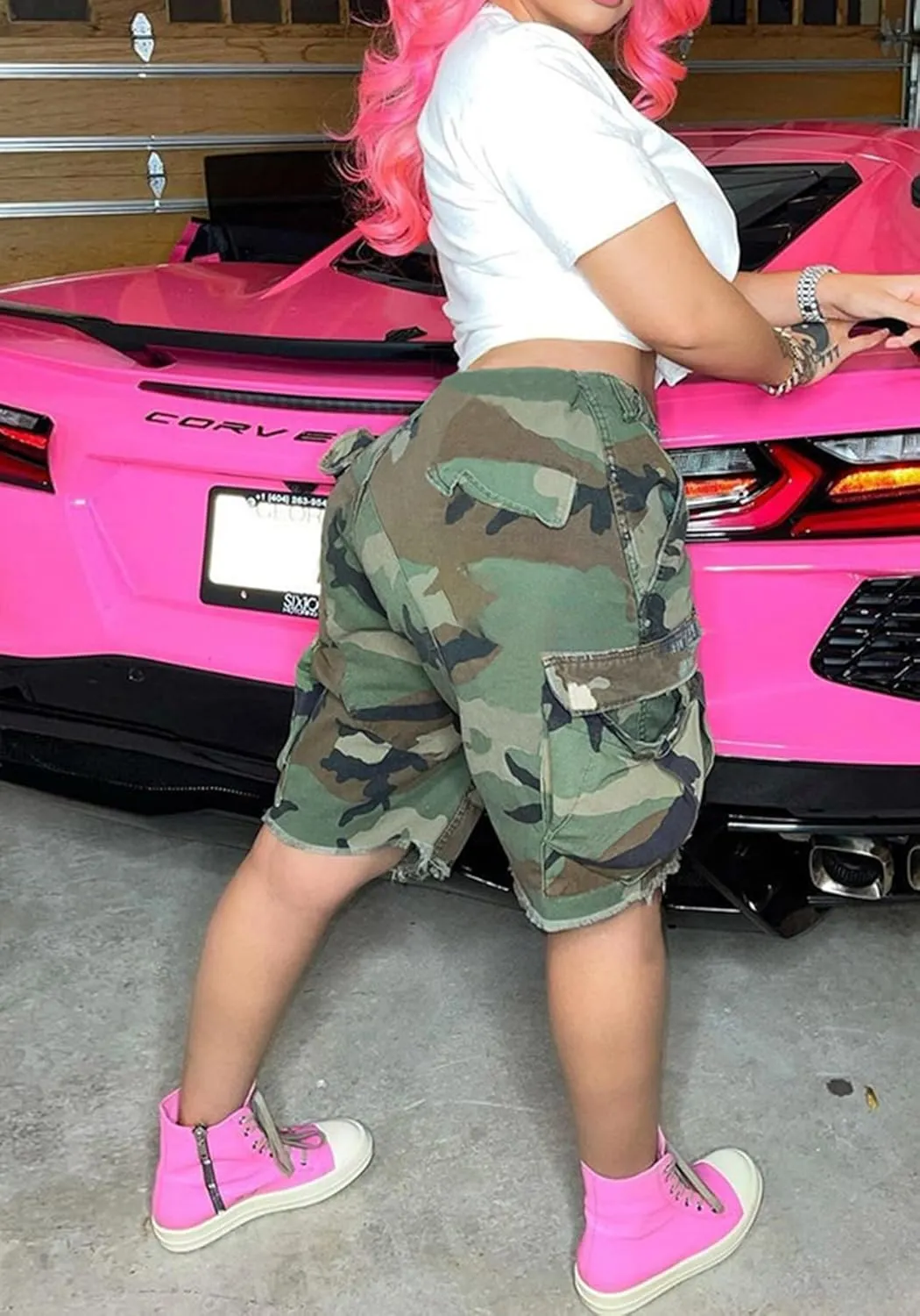 LAJIOJIO Women's Camo Cargo Shorts High Waisted Casual Army Camouflage Print Shorts Summer Bodycon Biker Jogger Mini Shorts
