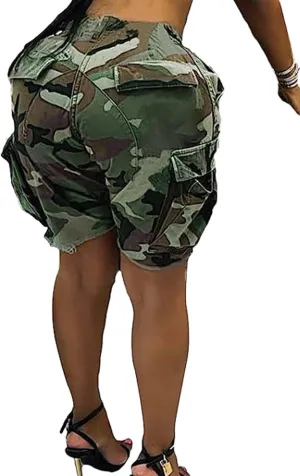LAJIOJIO Women's Camo Cargo Shorts High Waisted Casual Army Camouflage Print Shorts Summer Bodycon Biker Jogger Mini Shorts