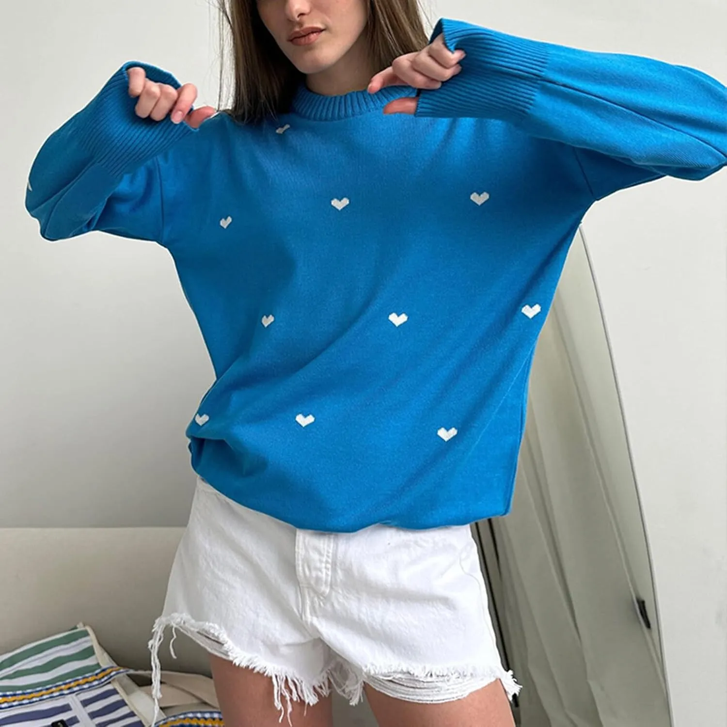 Lastesso Cable Knit Sweater Women Fashion Heart Crochet Sweater Loose Fit Long Sleeve Casual Fall Winter Preppy Clothes