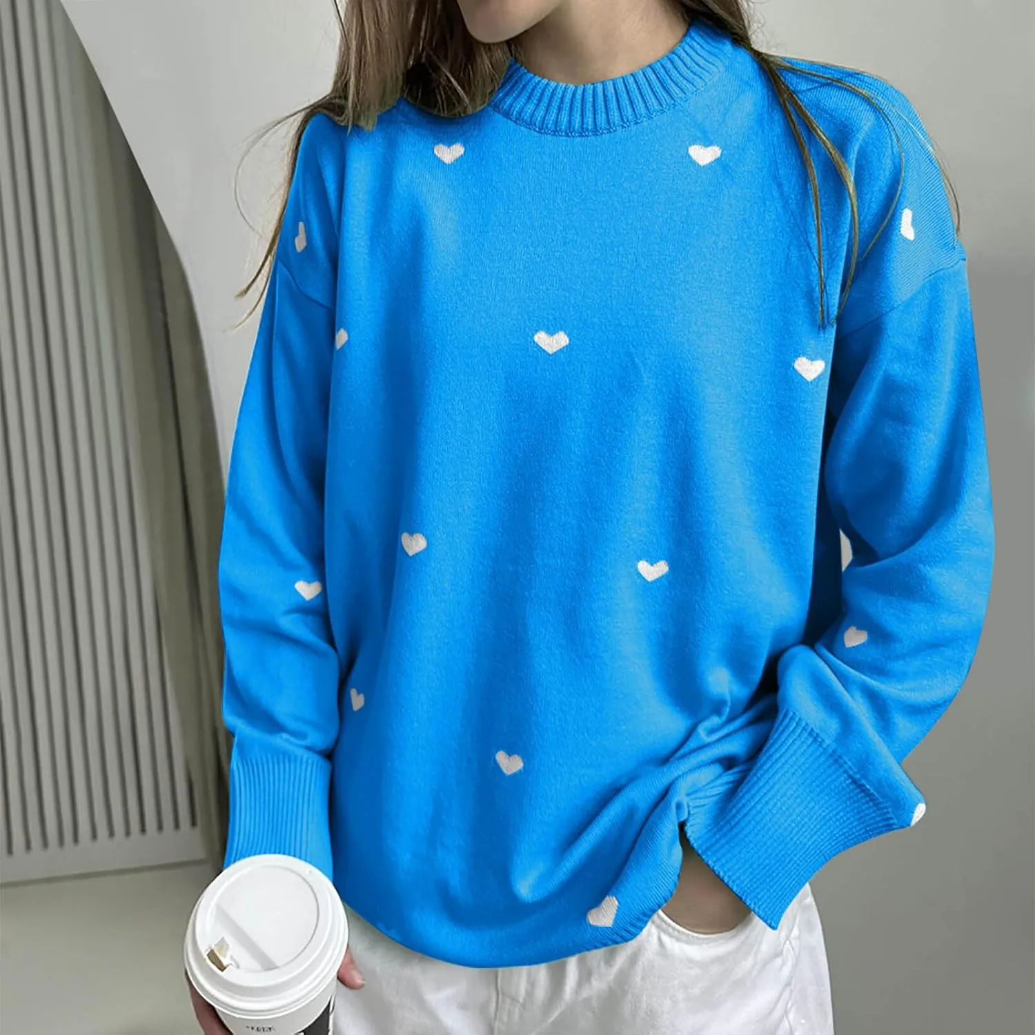 Lastesso Cable Knit Sweater Women Fashion Heart Crochet Sweater Loose Fit Long Sleeve Casual Fall Winter Preppy Clothes