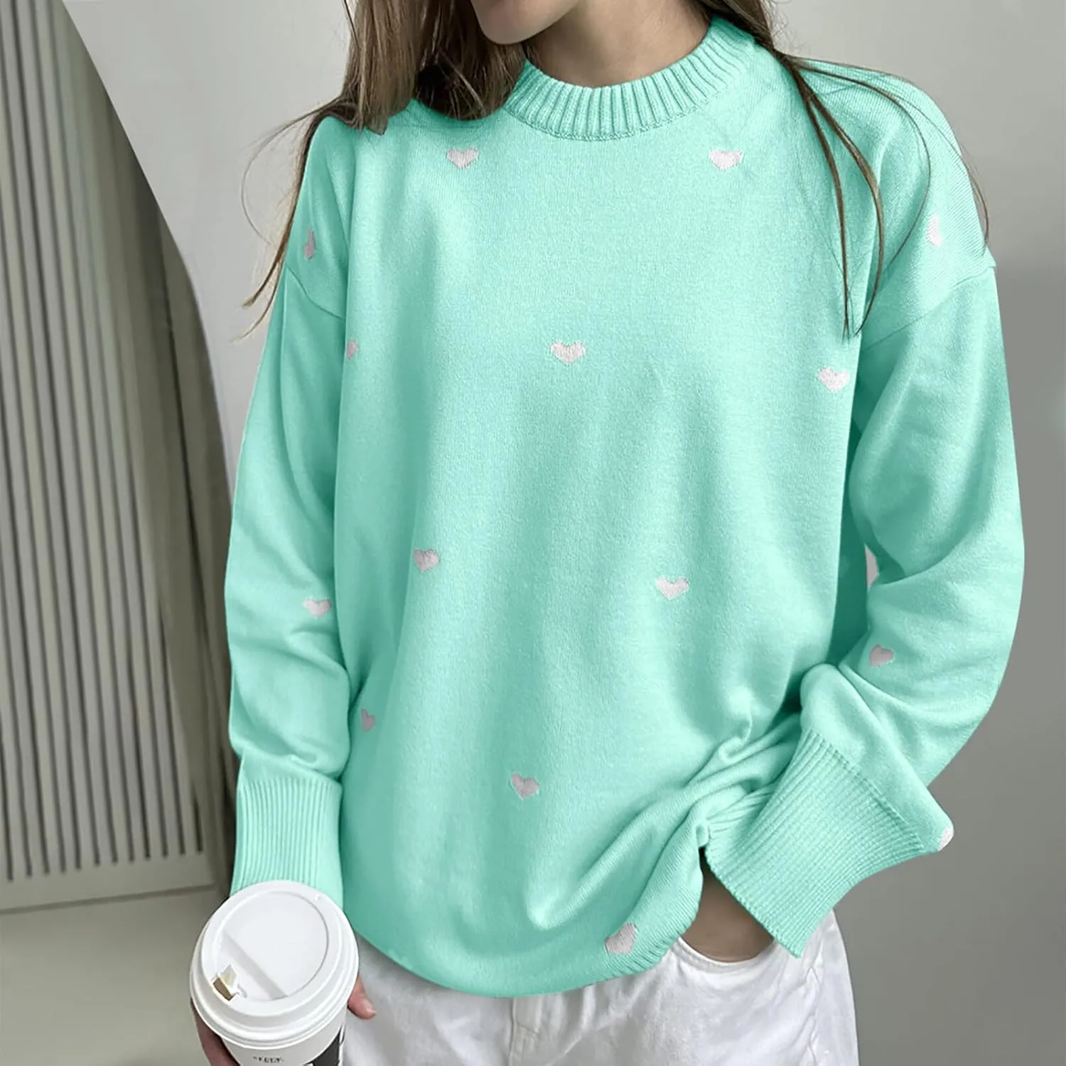 Lastesso Cable Knit Sweater Women Fashion Heart Crochet Sweater Loose Fit Long Sleeve Casual Fall Winter Preppy Clothes