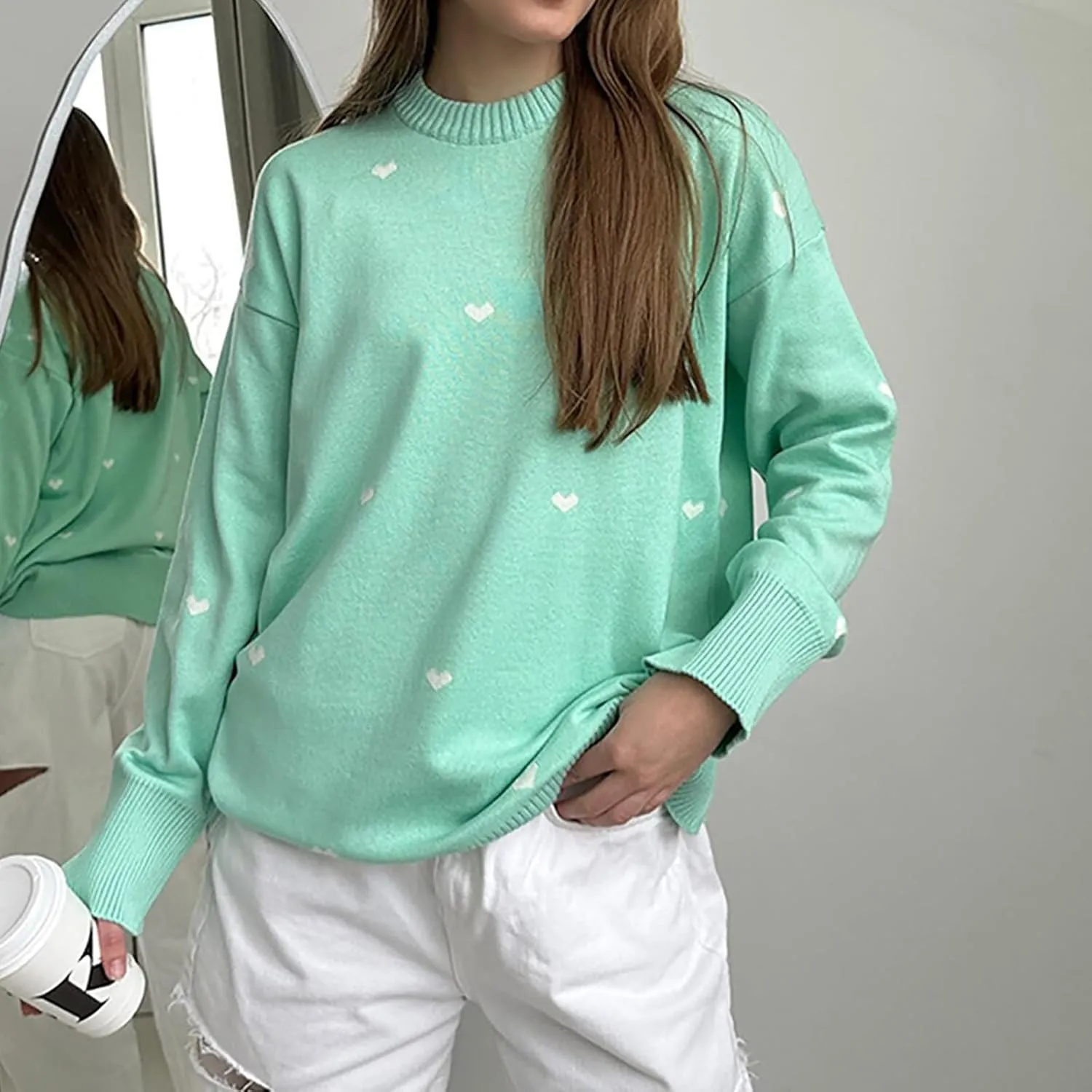 Lastesso Cable Knit Sweater Women Fashion Heart Crochet Sweater Loose Fit Long Sleeve Casual Fall Winter Preppy Clothes
