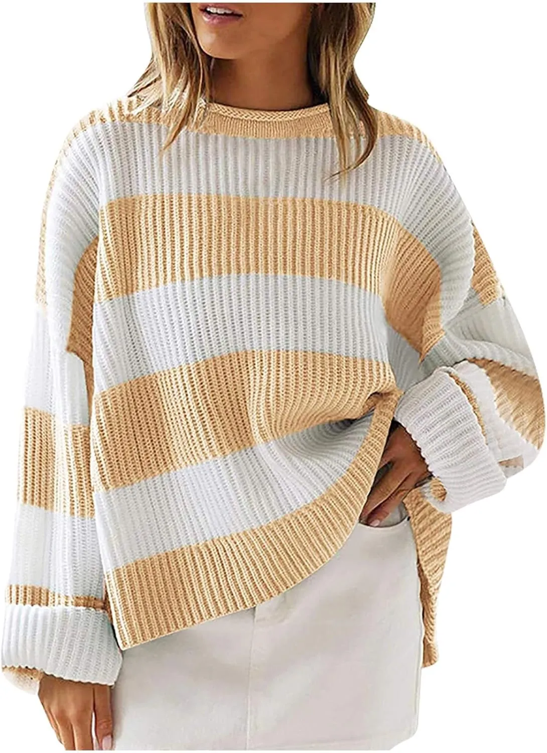 Lastesso Sweaters for Women Trendy Color Block Long Sleeve Sweater Lightweight Soft Pullover Clothes Fashion Fall Clothes