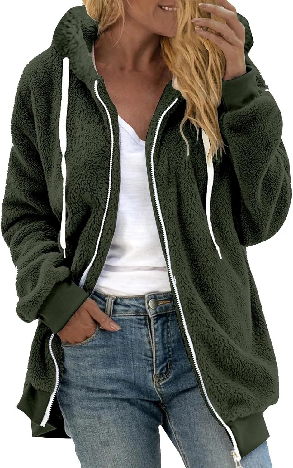 LCMTWX Womens 2023 Winter Fuzzy Fleece Jacket Hooded Pullover Warm Wool Plush Coat Zipper Solid Oversized Fuzzy Fleece