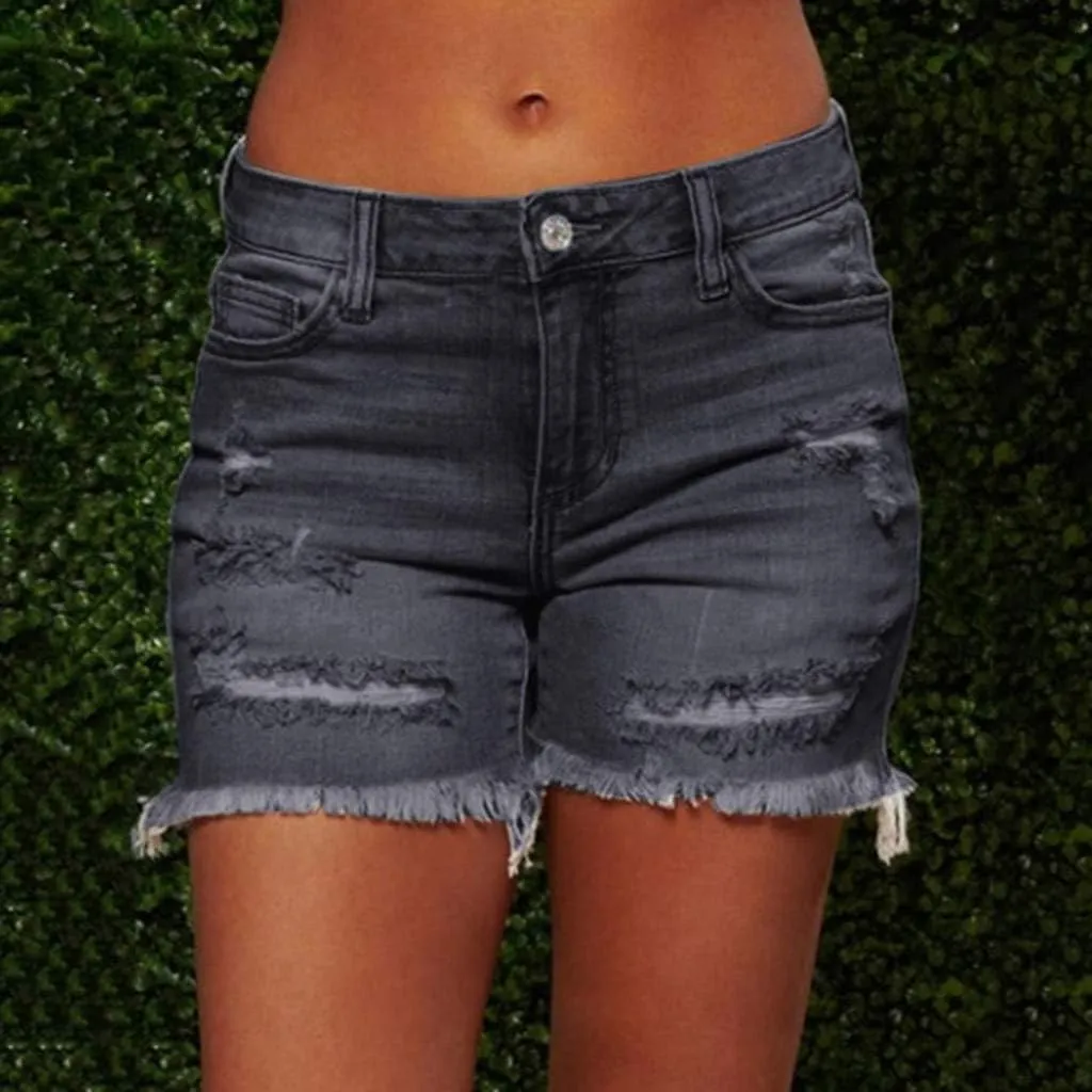 LFEOOST Denim Shorts Women Stretchy High Waisted Frayed Raw Hem Summer Casual Distressed Ripped Jeans Shorts with Pockets