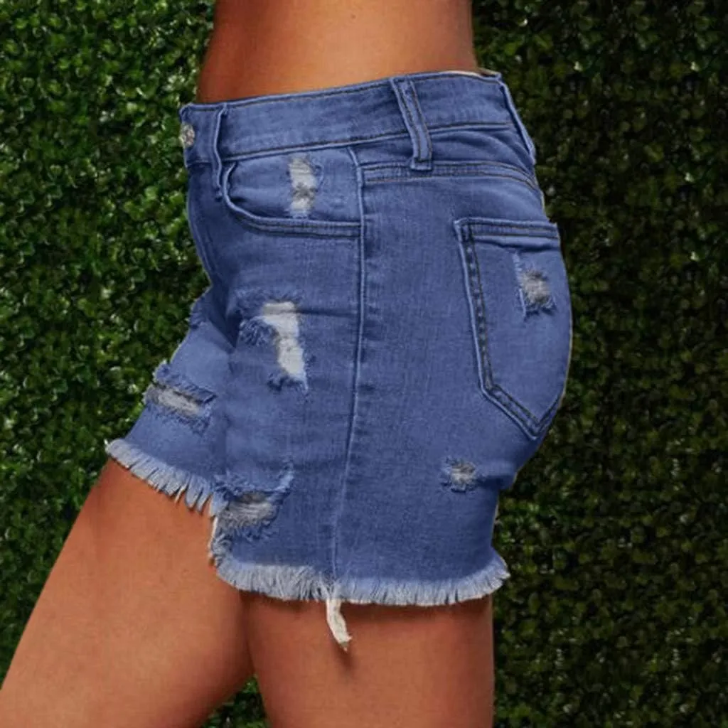 LFEOOST Denim Shorts Women Stretchy High Waisted Frayed Raw Hem Summer Casual Distressed Ripped Jeans Shorts with Pockets