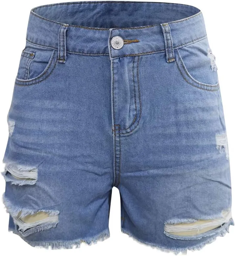 LFEOOST Denim Shorts Women Stretchy High Waisted Frayed Raw Hem Summer Casual Distressed Ripped Jeans Shorts with Pockets