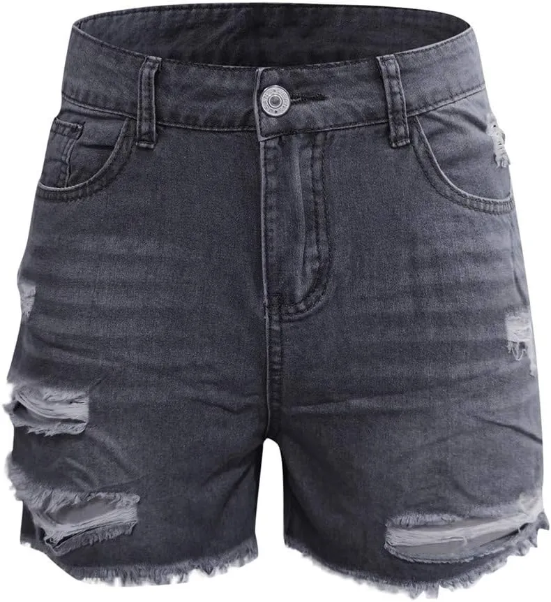 LFEOOST Denim Shorts Women Stretchy High Waisted Frayed Raw Hem Summer Casual Distressed Ripped Jeans Shorts with Pockets