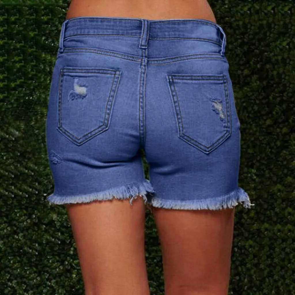 LFEOOST Denim Shorts Women Stretchy High Waisted Frayed Raw Hem Summer Casual Distressed Ripped Jeans Shorts with Pockets