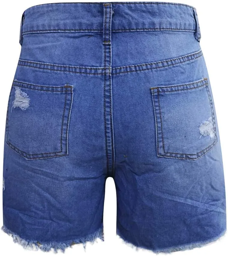 LFEOOST Denim Shorts Women Stretchy High Waisted Frayed Raw Hem Summer Casual Distressed Ripped Jeans Shorts with Pockets