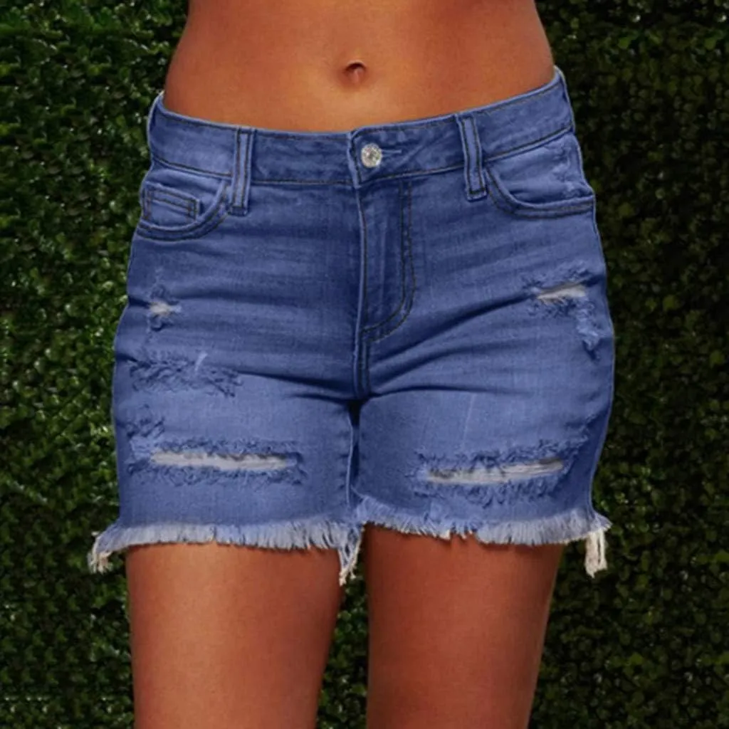 LFEOOST Denim Shorts Women Stretchy High Waisted Frayed Raw Hem Summer Casual Distressed Ripped Jeans Shorts with Pockets