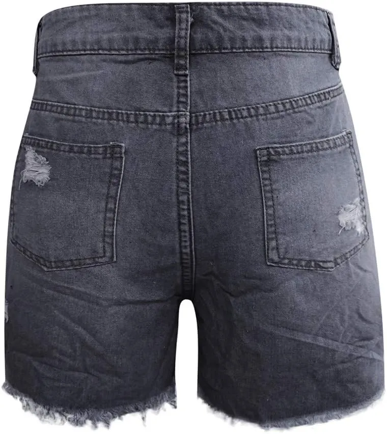 LFEOOST Denim Shorts Women Stretchy High Waisted Frayed Raw Hem Summer Casual Distressed Ripped Jeans Shorts with Pockets