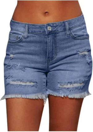 LFEOOST Denim Shorts Women Stretchy High Waisted Frayed Raw Hem Summer Casual Distressed Ripped Jeans Shorts with Pockets