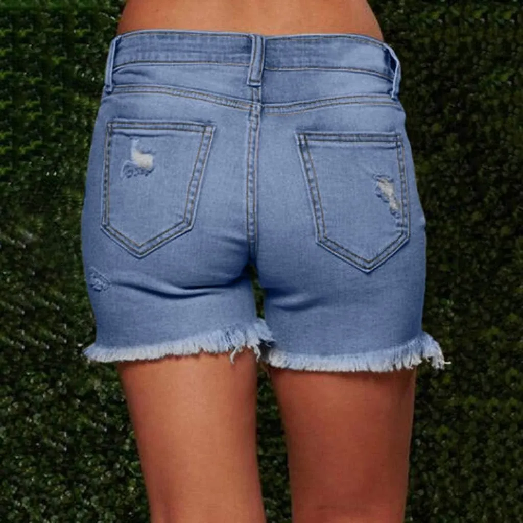 LFEOOST Denim Shorts Women Stretchy High Waisted Frayed Raw Hem Summer Casual Distressed Ripped Jeans Shorts with Pockets