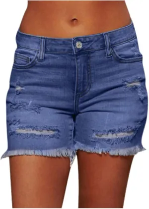 LFEOOST Denim Shorts Women Stretchy High Waisted Frayed Raw Hem Summer Casual Distressed Ripped Jeans Shorts with Pockets