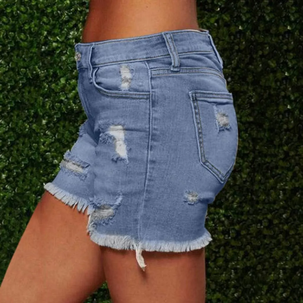 LFEOOST Denim Shorts Women Stretchy High Waisted Frayed Raw Hem Summer Casual Distressed Ripped Jeans Shorts with Pockets