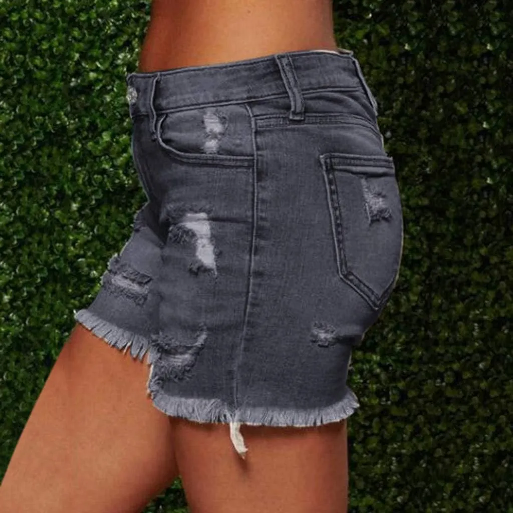 LFEOOST Denim Shorts Women Stretchy High Waisted Frayed Raw Hem Summer Casual Distressed Ripped Jeans Shorts with Pockets