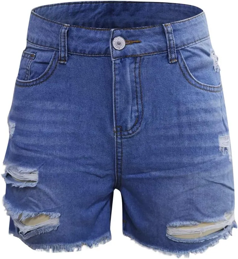 LFEOOST Denim Shorts Women Stretchy High Waisted Frayed Raw Hem Summer Casual Distressed Ripped Jeans Shorts with Pockets