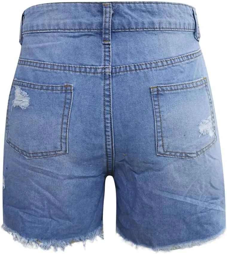 LFEOOST Denim Shorts Women Stretchy High Waisted Frayed Raw Hem Summer Casual Distressed Ripped Jeans Shorts with Pockets