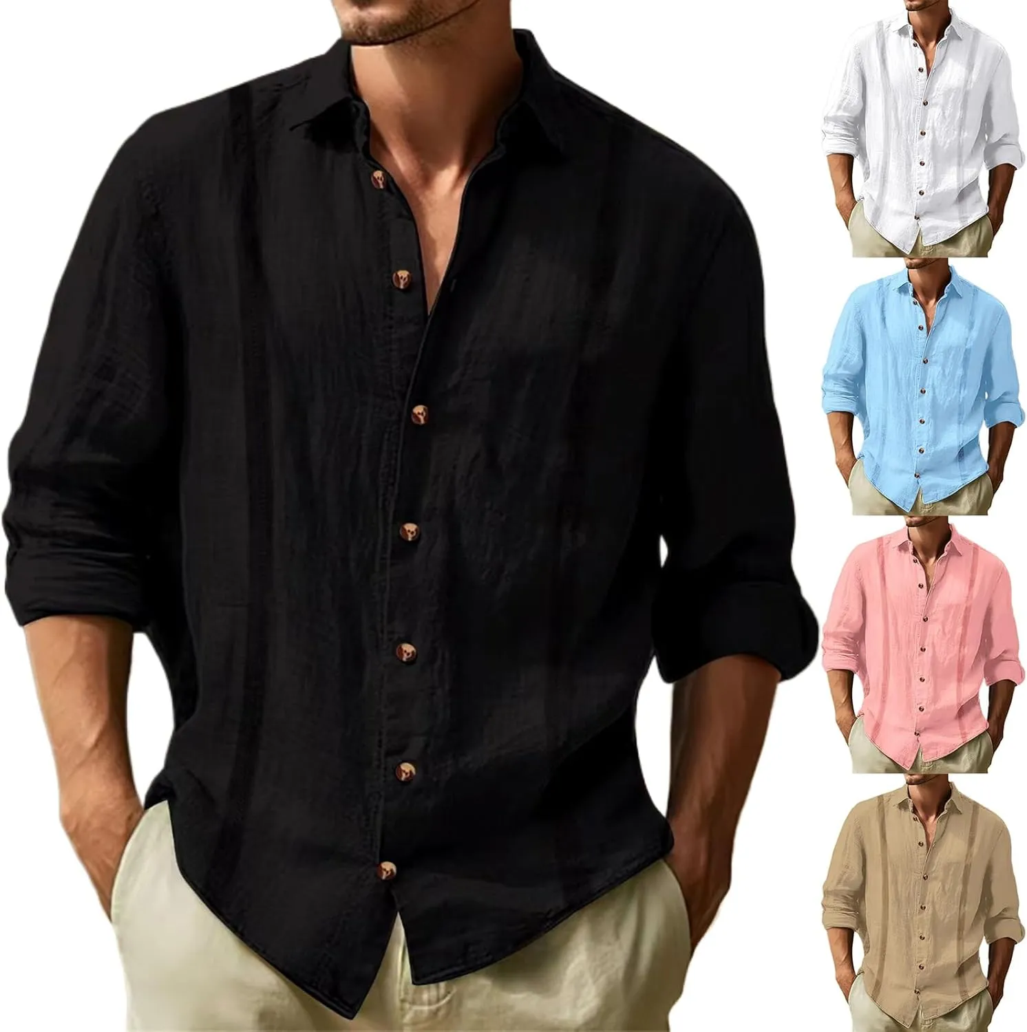 Linen Guayabera Shirts Mens Casual Long Sleeve Fashion Button Down T-Shirts Lapel Solid Hawaiian Spring Summer Shirt