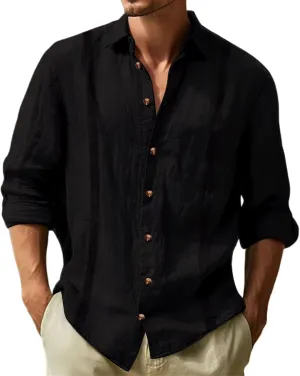 Linen Guayabera Shirts Mens Casual Long Sleeve Fashion Button Down T-Shirts Lapel Solid Hawaiian Spring Summer Shirt