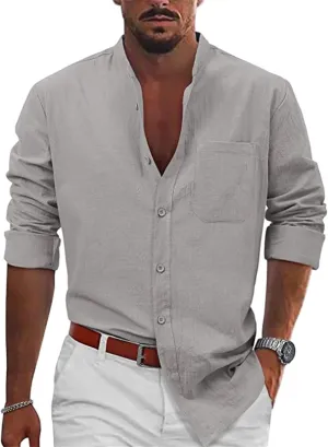 Linen Shirts for Men Business Dress T-Shirts Casual Button Shirts Stand Collar Beach Tees Long Sleeve Summer Tops