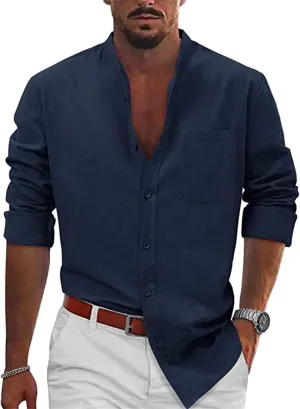 Linen Shirts for Men Business Dress T-Shirts Casual Button Shirts Stand Collar Beach Tees Long Sleeve Summer Tops