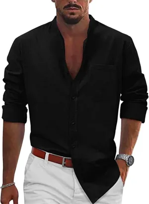 Linen Shirts for Men Business Dress T-Shirts Casual Button Shirts Stand Collar Beach Tees Long Sleeve Summer Tops